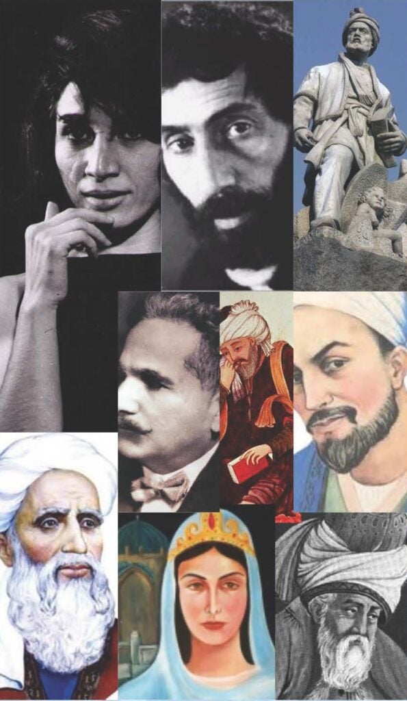 faces of 9 Iranian poets, some drawings, some photographs, one statue
