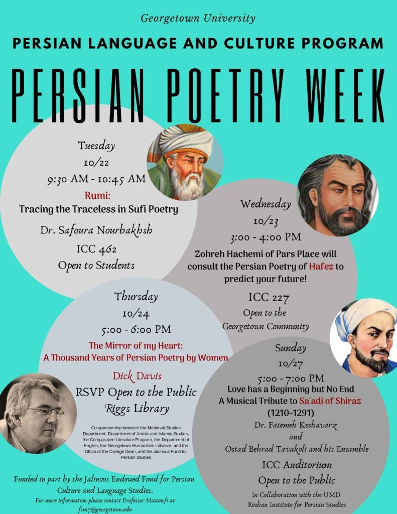 Event flyer for Persian Poetry Week, including schedule of events and photos of included poets.