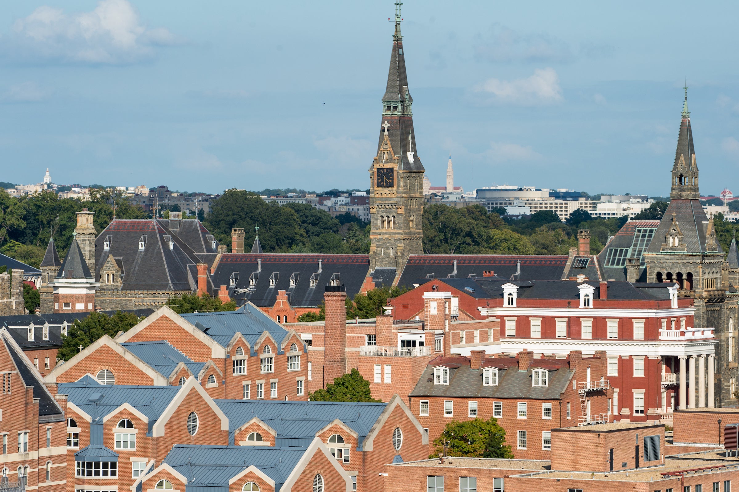 Aerial view of campus featuring the Healy Hall clocktower